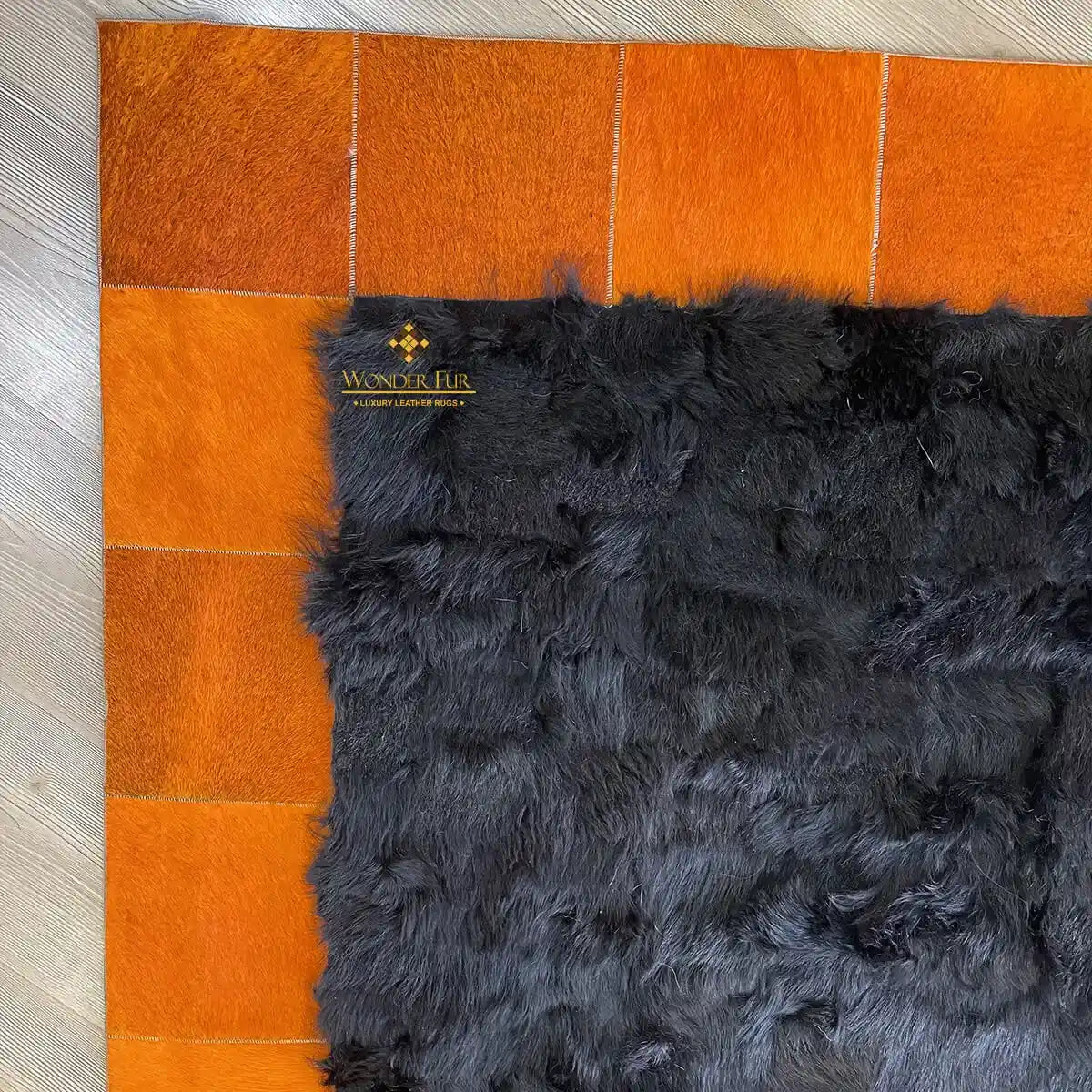 Black Sheepskin with Orange Cowhide Sides Area Rug