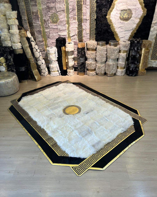 Natural Sheepskin Rug - Large 10x12 Handmade White Black Living Room Rug