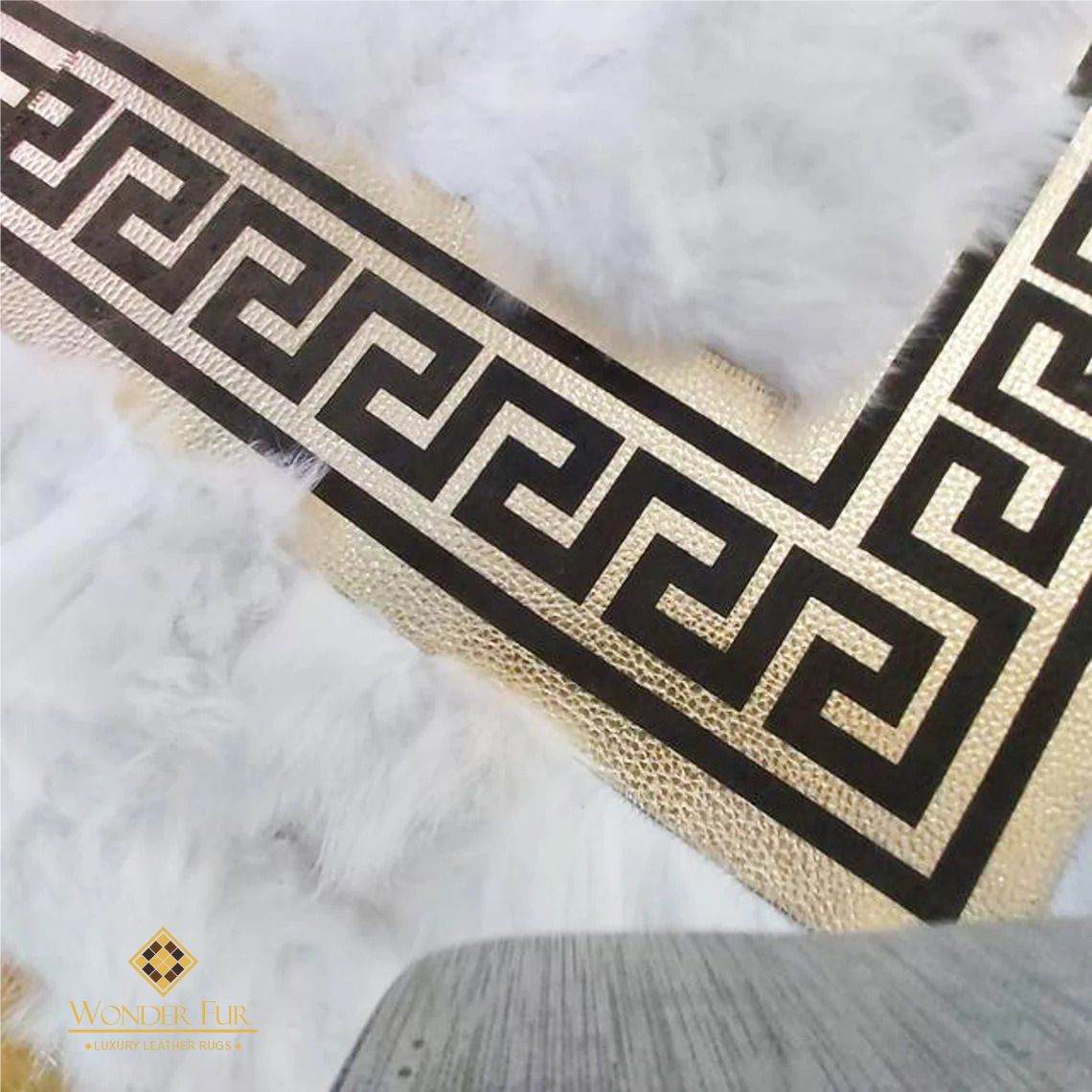 White Sheepskin Rug with Gold Pattern | Luxury Sheepskin Rug for Home