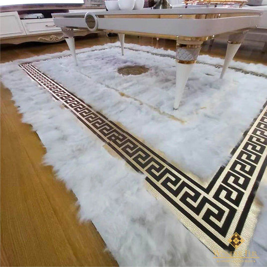 White Sheepskin Rug with Gold Pattern | Luxury Sheepskin Rug for Home