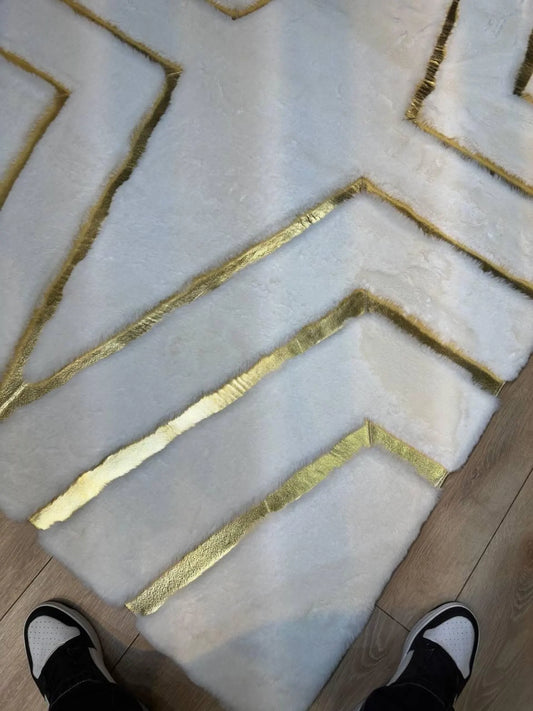 White & Gold Geometric Plush Area Rug