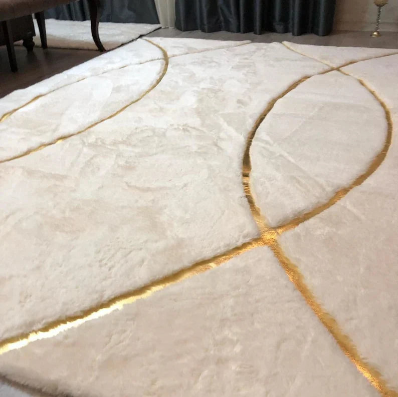 Luxury White and Gold Fluffy Plush Rug, Handmade Faux Fur Bedroom Rug