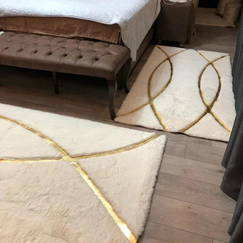 Luxury White and Gold Fluffy Plush Rug, Handmade Faux Fur Bedroom Rug