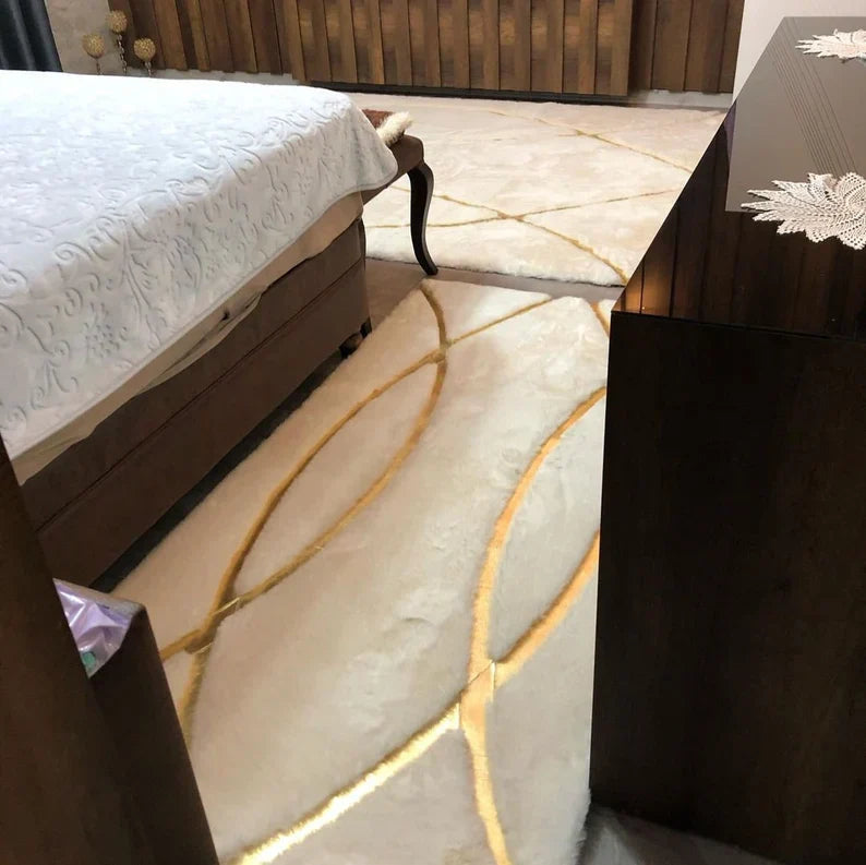 Luxury White and Gold Fluffy Plush Rug, Handmade Faux Fur Bedroom Rug