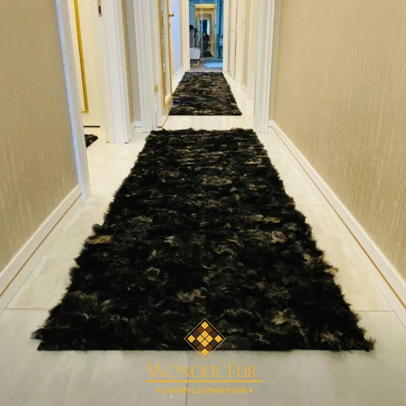 Luxury Black Natural Sheepskin Area Rug, Modern Handamde Fluffy Wool Rug