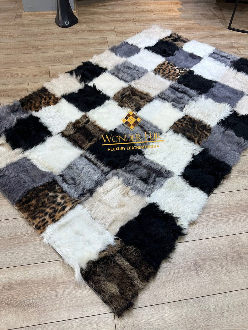 Mix Color Fluffy Natural Sheepskin 6x8 Rug, Luxury Shaggy Handmade Rug