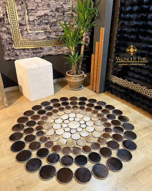 Handmade circular natural cowhide tricolor patchwork rug in rustic home setting