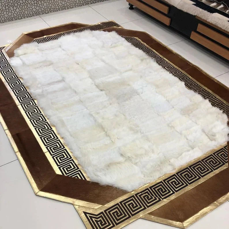 Patchwork Handmade Brown White Sheepskin Rug - Elegant Home Decor