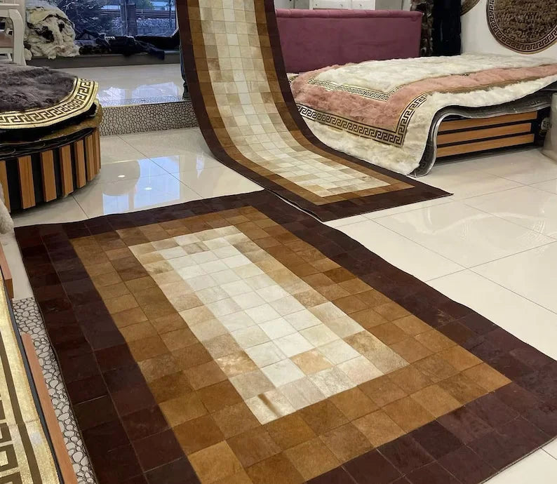 Handmade 100% Genuine Cowhide Area Rug, Brown Patchwork Rug for Living Room