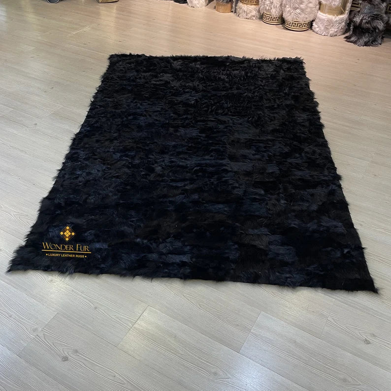 Black Sheepskin Area Rug, Unique Decor, Handmade Leather Carpet