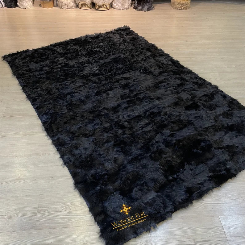 Black Sheepskin Area Rug, Unique Decor, Handmade Leather Carpet
