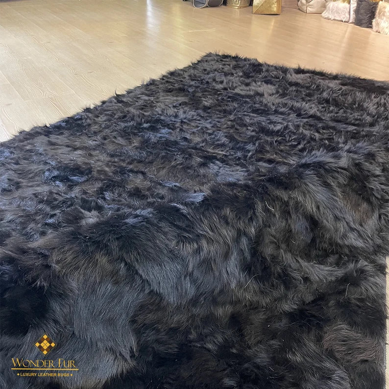 Black Sheepskin Area Rug, Unique Decor, Handmade Leather Carpet