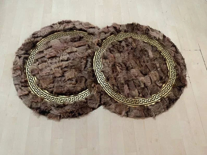 Handmade Sheepskin Rug - Soft Fluffy Gray & Gold Round Non Slip Rug