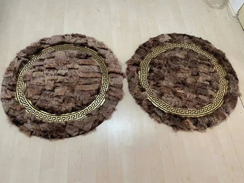 Handmade Sheepskin Rug - Soft Fluffy Gray & Gold Round Non Slip Rug