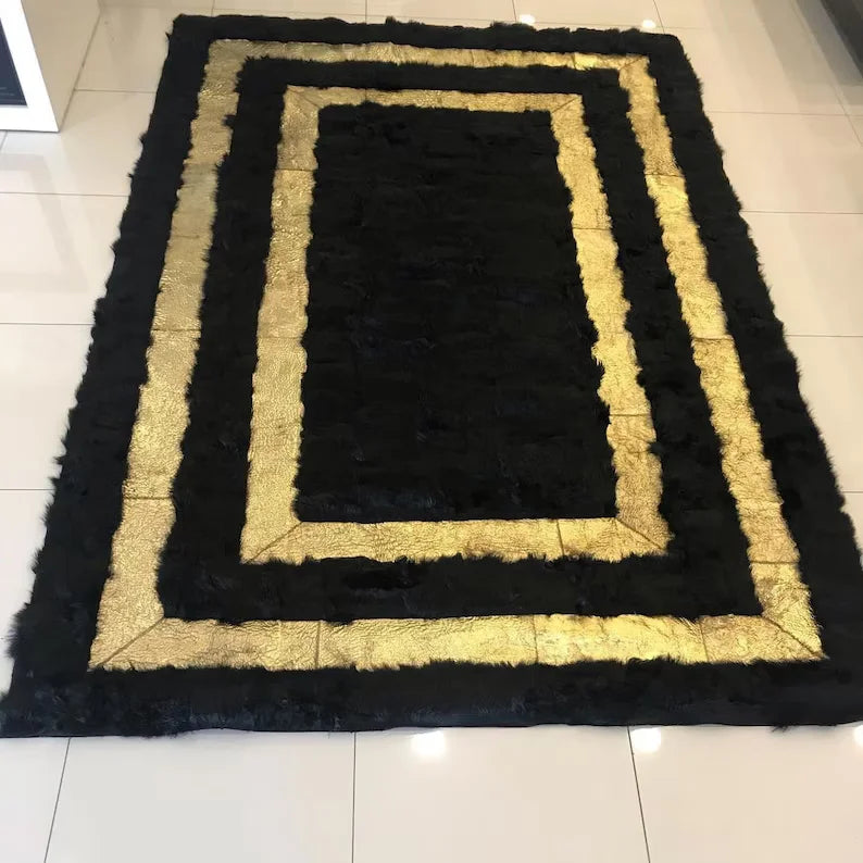 Modern Handmade 8x10 Black Gold Sheepskin Living Room , Luxury Carpet