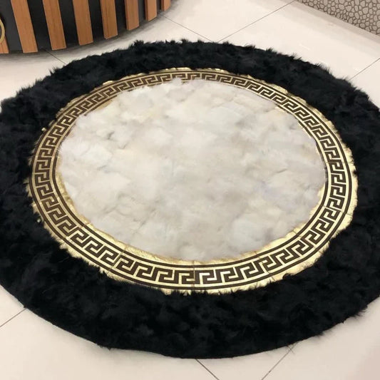 Handmade Patchwork Black White Natural Sheepskin Round Office Area Rug - WONDERFURRUG
