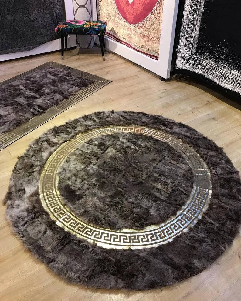 Handmade Sheepskin Rug - Soft Fluffy Gray & Gold Round Non Slip Rug