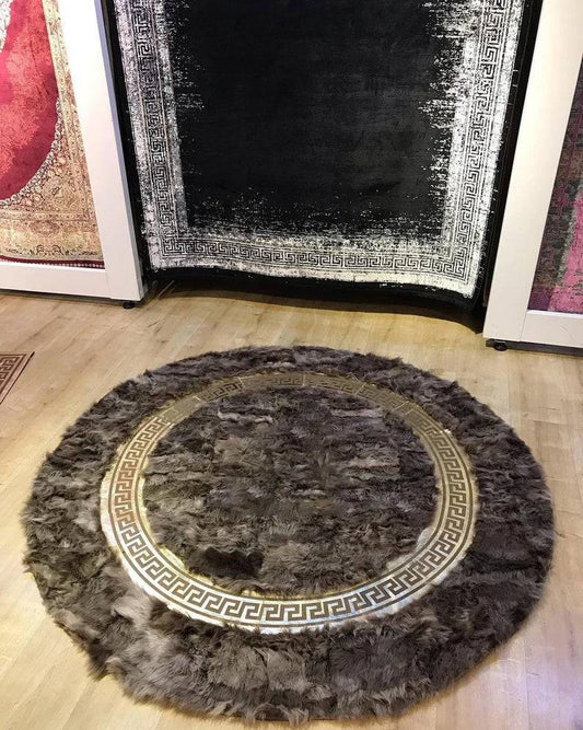 Handmade Sheepskin Rug - Soft Fluffy Gray & Gold Round Non Slip Rug