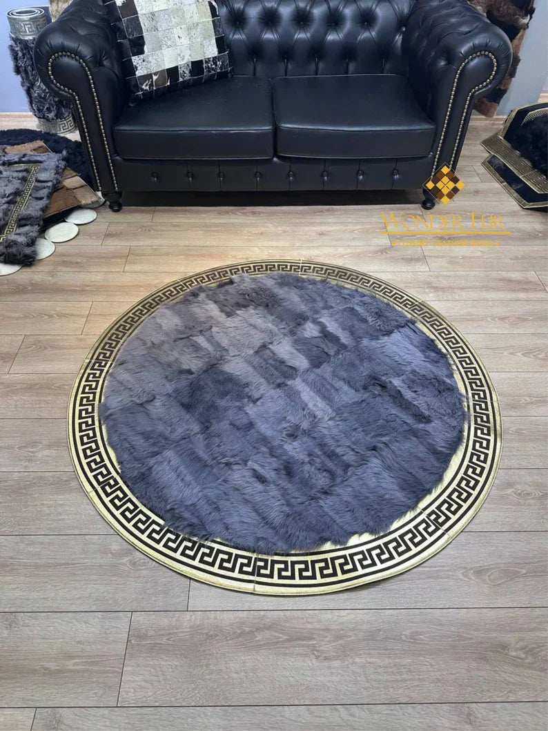 Decorative Handmade Gray Gold Natural Sheepskin Office Round Soft Rug