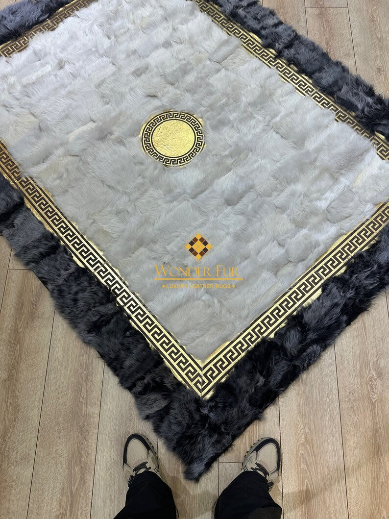 Unique Customizable Gray White Real Sheepskin Handmade Living Room Rug