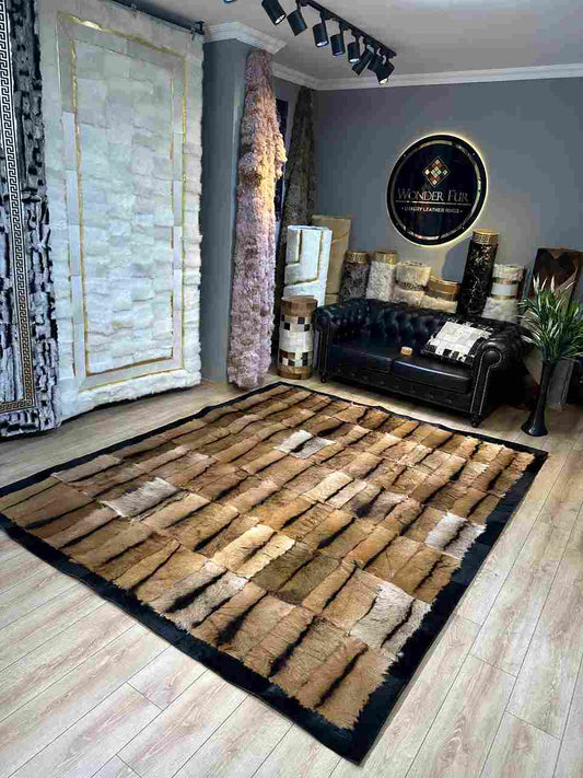 Brown soft natural goatkin area rug with black border in stylish living room setting