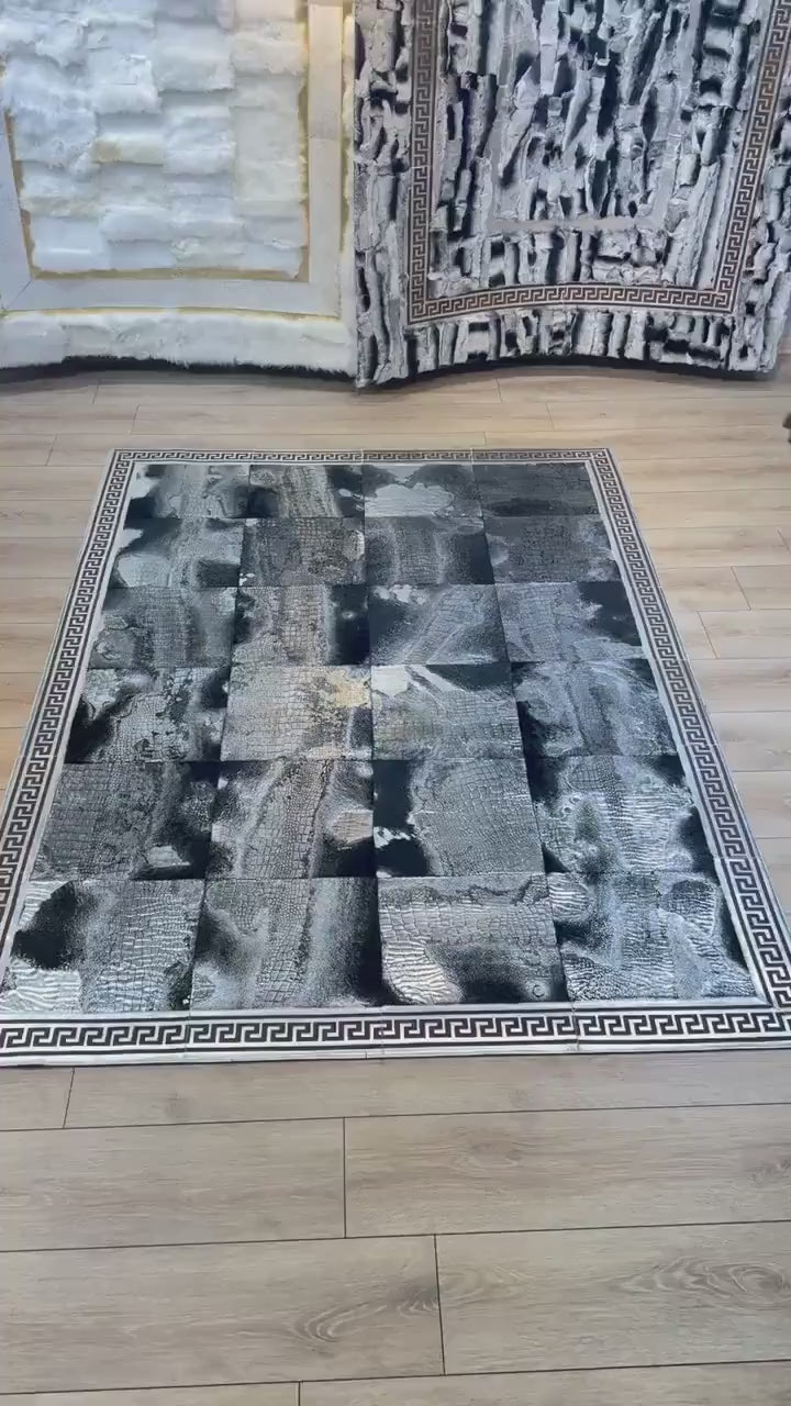 Luxury Silver Black Sheepskin Leather Rug,Patchwork Living Room Rug