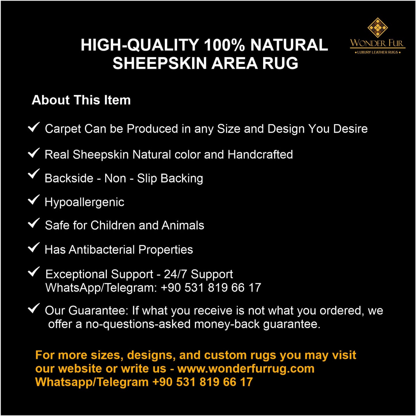 Black Gold Handmade Natural Sheepskin Area 7x10 Rug, Fluffy Black Sheepskin Soft Rug