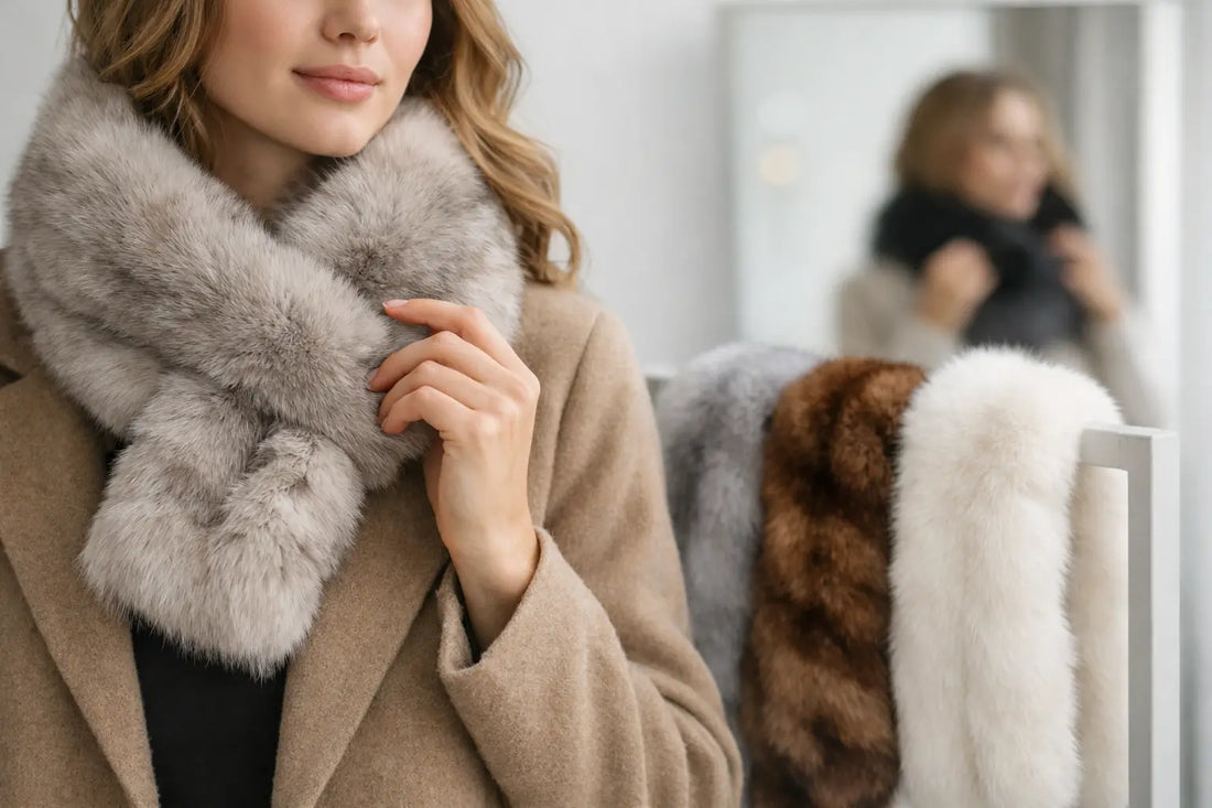 Genuine rabbit fur scarf for women in natural ivory draped over a wool coat