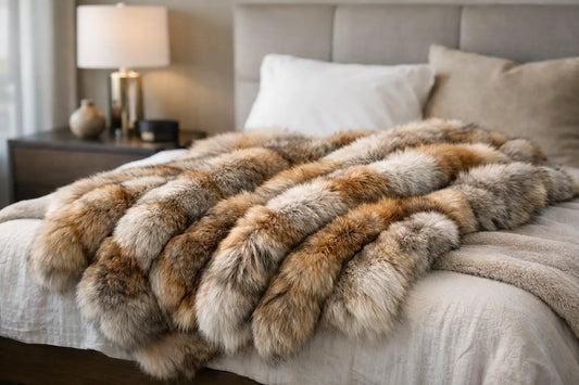 Genuine fox fur blanket draped across the foot of a bed     with neutral linen bedding and warm wood flooring