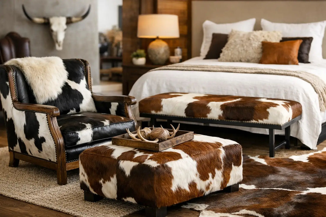 Handmade patchwork cowhide ottoman in a modern living room     with wood flooring and neutral upholstery