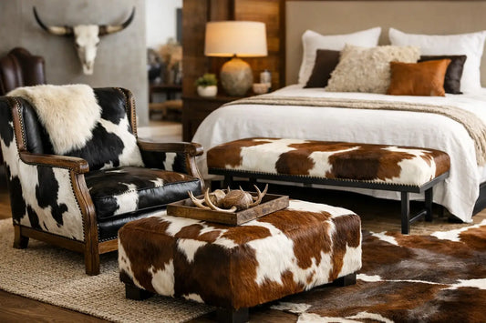 Handmade patchwork cowhide ottoman in a modern living room     with wood flooring and neutral upholstery