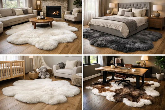 Custom size sheepskin patchwork rug placed under a king     bed extending evenly on both sides with warm wood flooring