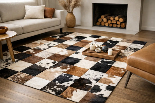 Handmade patchwork cowhide rug placed under a sofa and     coffee table in a modern living room with wood flooring