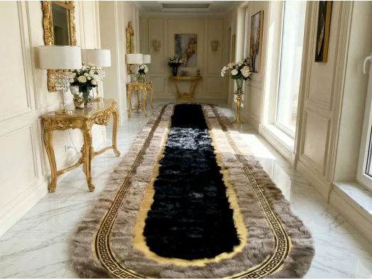 Luxury handmade fur runner rug in a marble hallway with gold  decor and custom oval shape — WonderFurRug