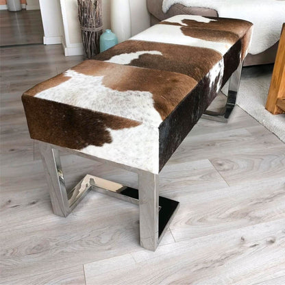 Luxury Cow Skin Fur for Living Room, Natural Leather Handmade Bench