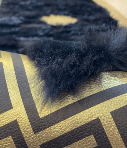 Luxury Black Gold Natural Sheepskin Runner Rug, Handmade Gold Border Hallway Rug