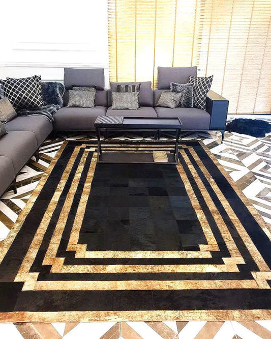 100% Natural Cowhide Leather Rug , Black And Copper Patchwork Area Rug