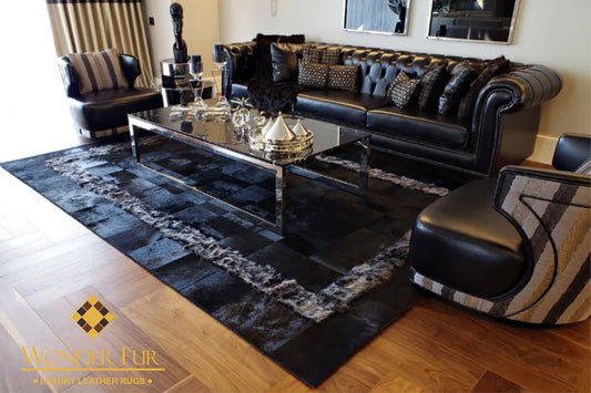 100% Natural Handmade Black Living Room Rug , Patchwork Non Slip Rug