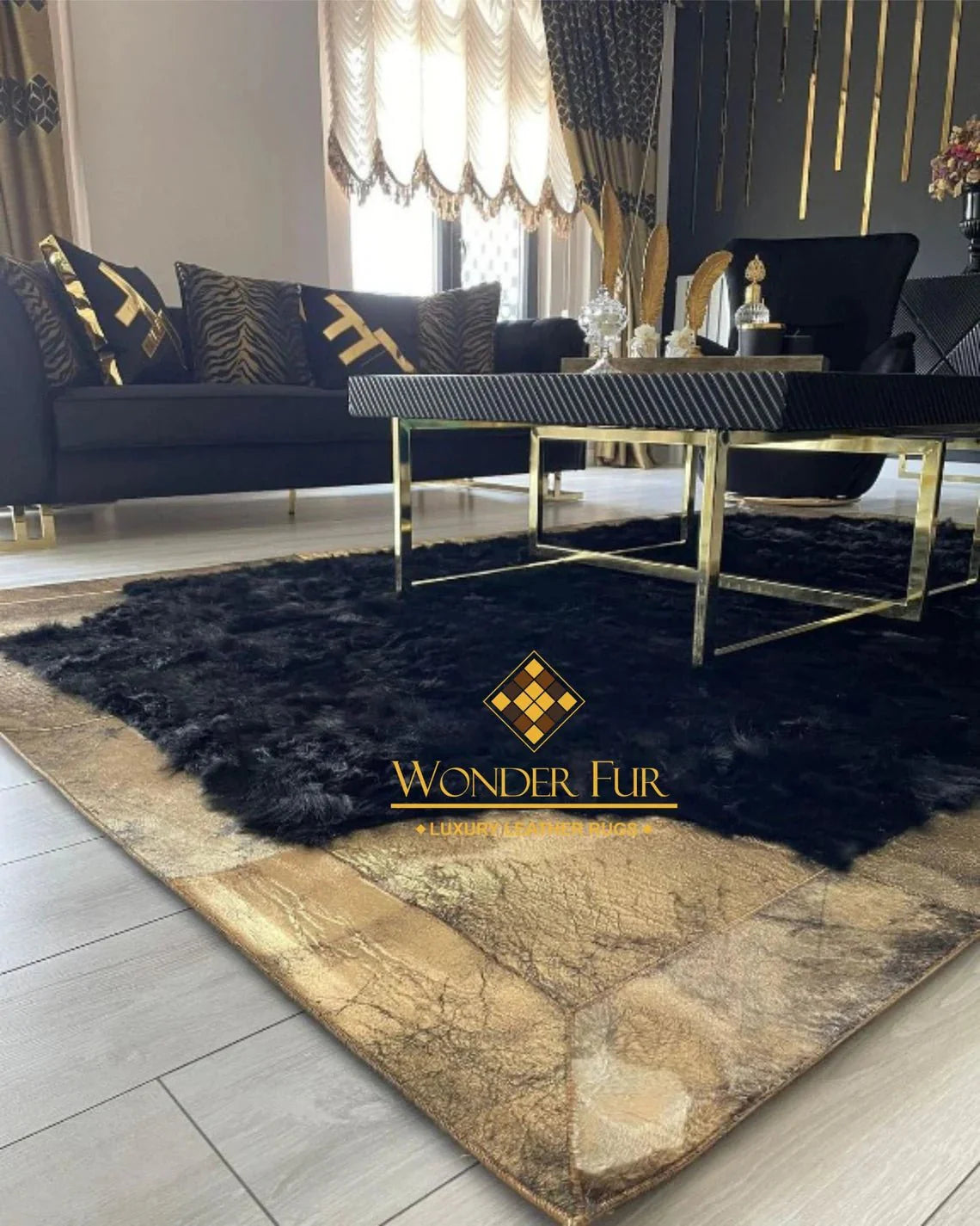 100% Natural Modern Black Gold Sheepskin Handmade 8x10 Living Room Rug - Wonder fur rug Rug Wonder Fur Rug Wonder fur rug