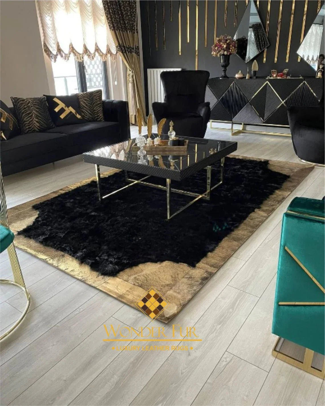 100% Natural Modern Black Gold Sheepskin Handmade 8x10 Living Room Rug - Wonder fur rug Rug Wonder Fur Rug Wonder fur rug