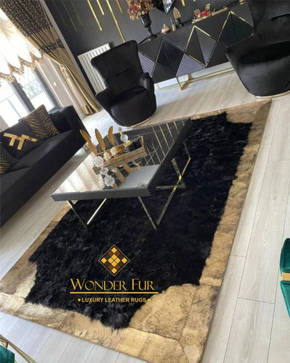 100% Natural Modern Black Gold Sheepskin Handmade 8x10 Living Room Rug - Wonder fur rug Rug Wonder Fur Rug Wonder fur rug