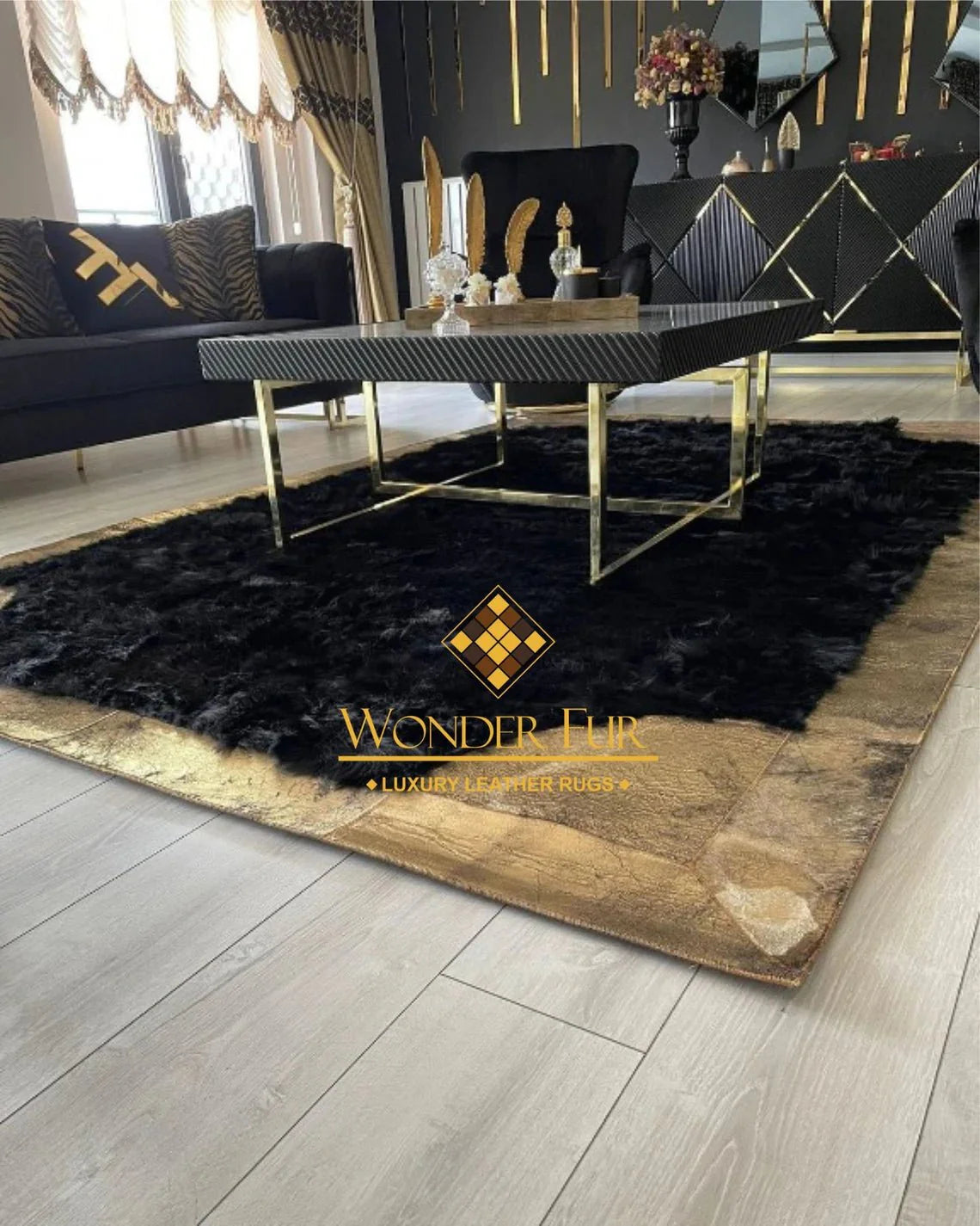 100% Natural Modern Black Gold Sheepskin Handmade 8x10 Living Room Rug - Wonder fur rug Rug Wonder Fur Rug Wonder fur rug