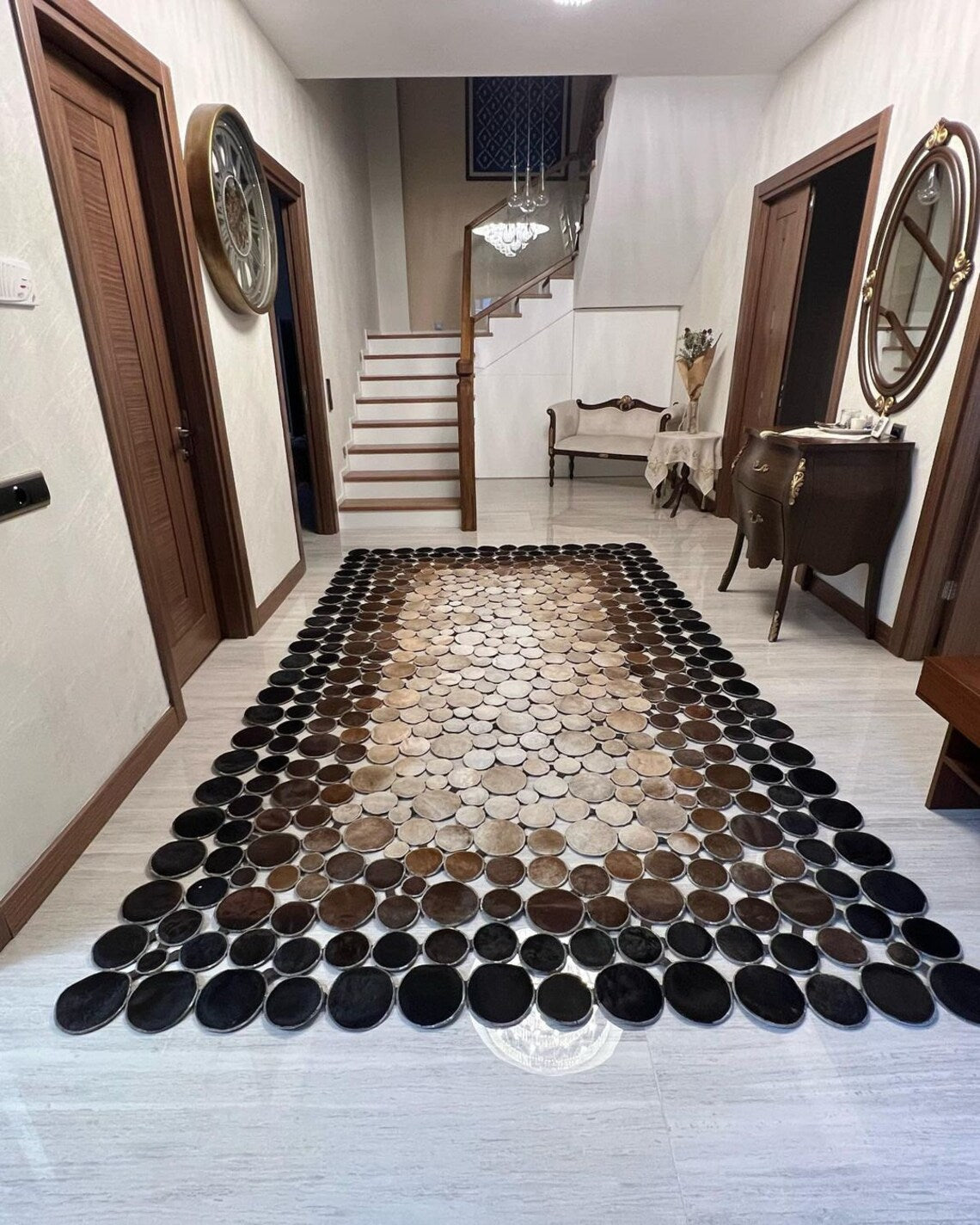 100% Natural Modern Tricolor Cowhide Corridor Rug ,Handmade Luxury Rug