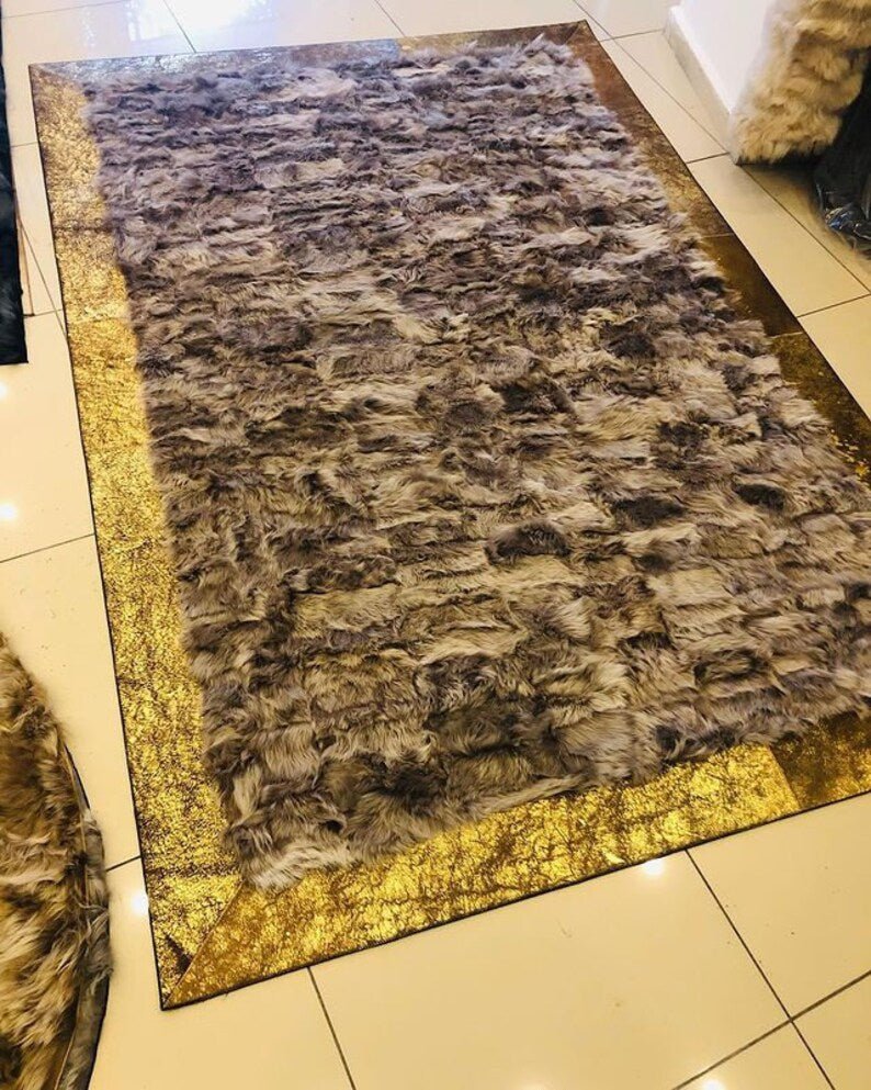 100% Natural Handmade Sheepskin Brown And Gold Luxury Living Room Rug - Wonder fur rug Rug Wonder Fur Rug Wonder fur rug