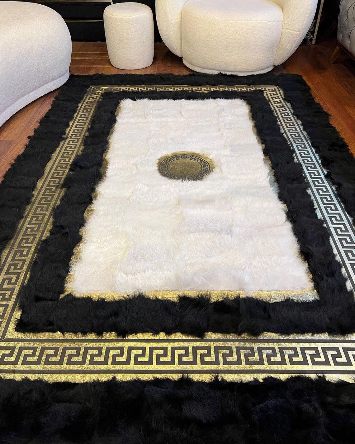 100%Natural Sheepskin Black White Living Room Modern Soft Handmade Rug - Wonder fur rug Rug Wonder Fur Rug Wonder fur rug