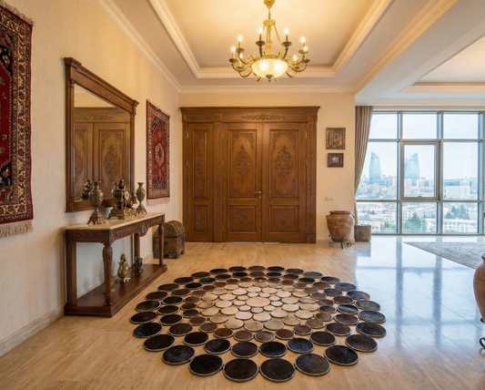 Handmade circular natural cowhide tricolor patchwork rug in a spacious living room with wooden furniture and chandelier