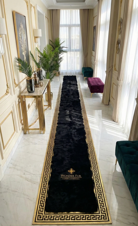 100% Natural Patchwork Black Sheepskin Runner Rug, Handmade Non Slip Rug