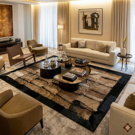 Natural Goatskin Area Rug with Black Suede Border - WONDERFURRUG
