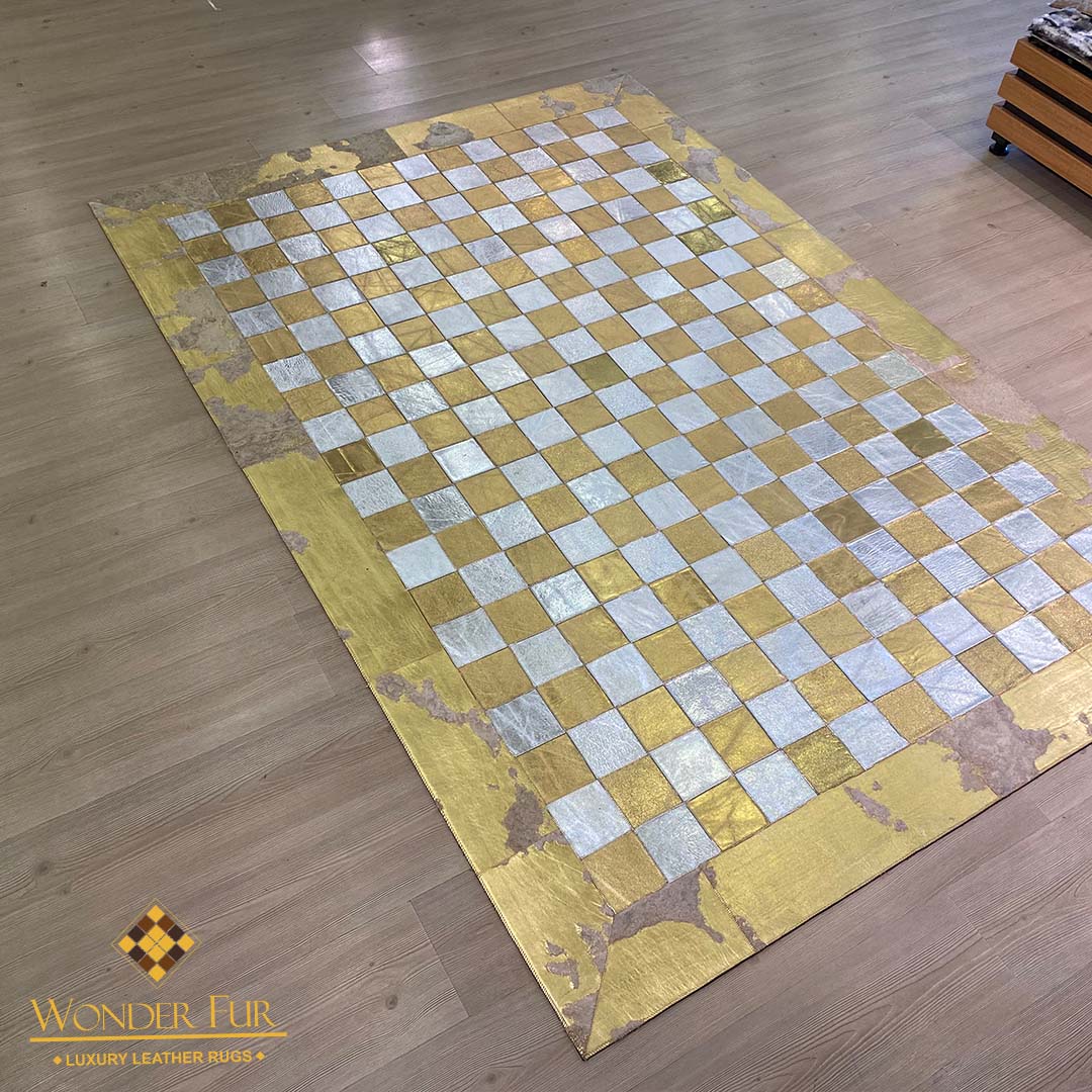 Luxury Gold Handmade Natural Leather Sheepskin Chessboard Pattern Gold and Grey Square Area Rug