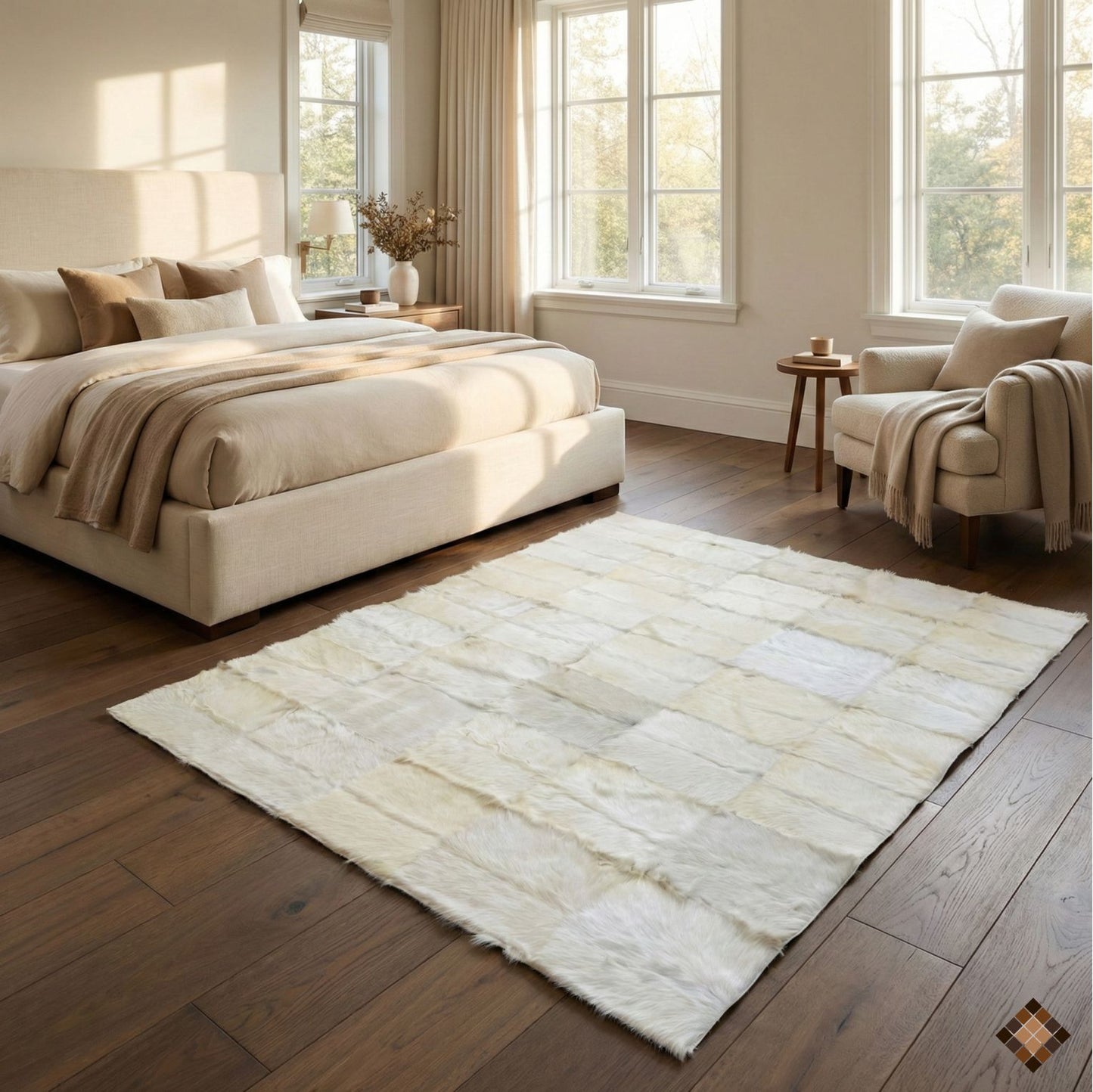 Handmade White Natural Goatskin Area Rug